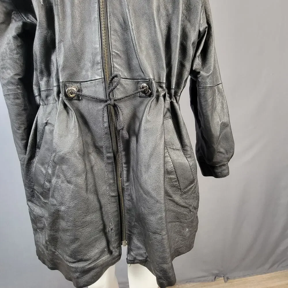 ADA Classics Vintage Brown Leather Hooded Coat with Drawstring Waist